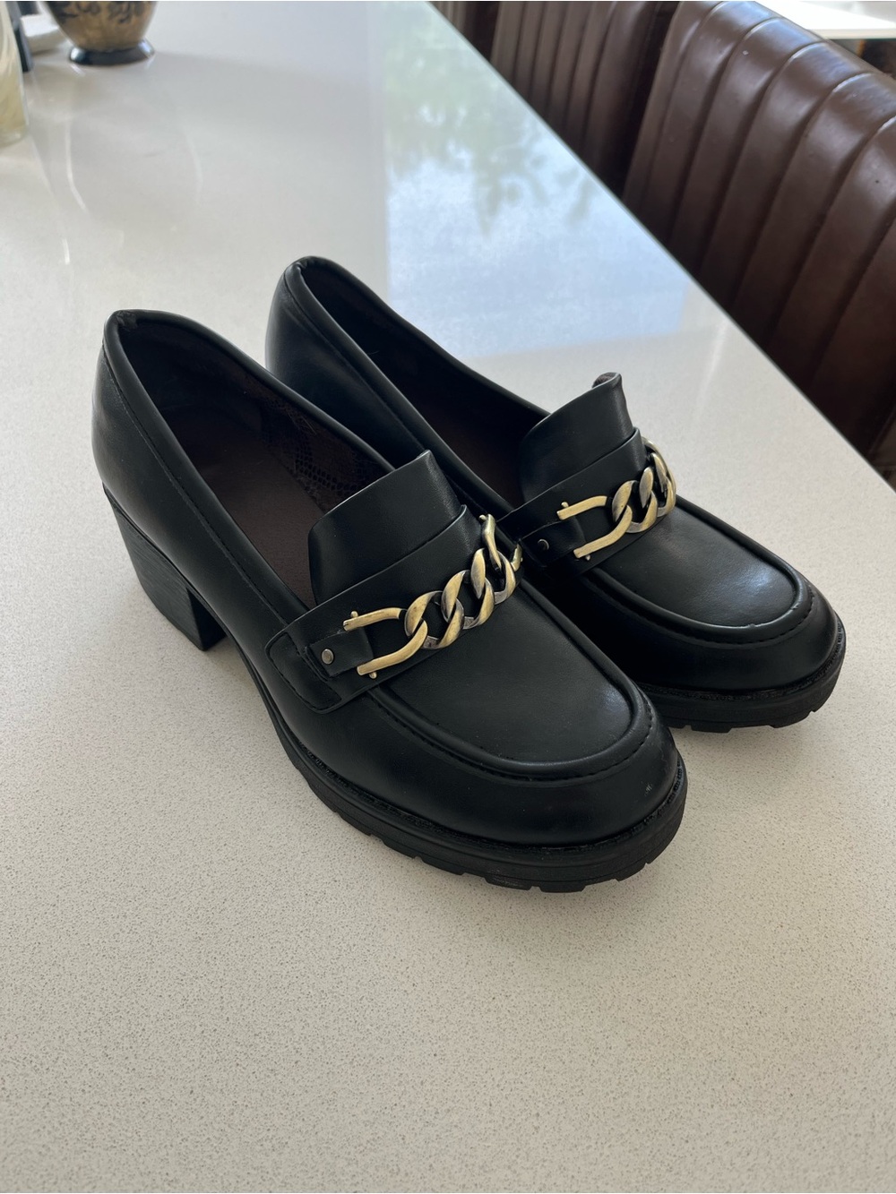 Black Faux Leather Block Heel Loafers - Women's